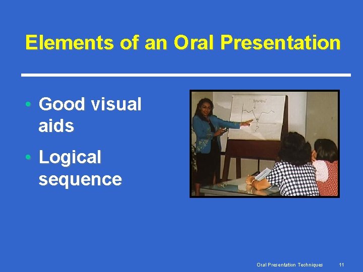 Elements of an Oral Presentation • Good visual aids • Logical sequence Oral Presentation