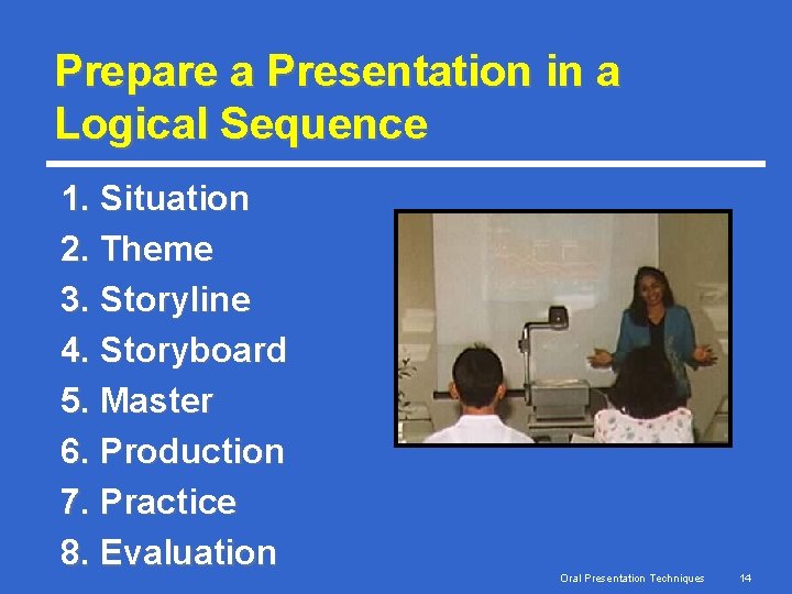 Prepare a Presentation in a Logical Sequence 1. Situation 2. Theme 3. Storyline 4.