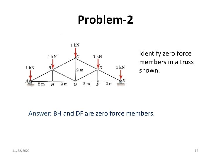 Problem-2 Identify zero force members in a truss shown. Answer: BH and DF are