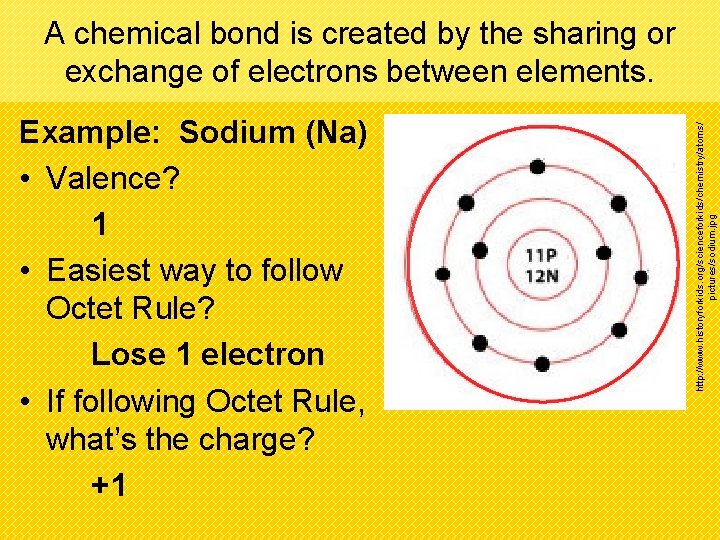 Example: Sodium (Na) • Valence? 1 • Easiest way to follow Octet Rule? Lose