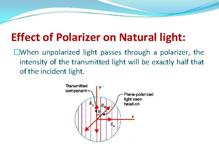 Effect of Polarizer on Natural light: �When unpolarized light passes through a polarizer, the