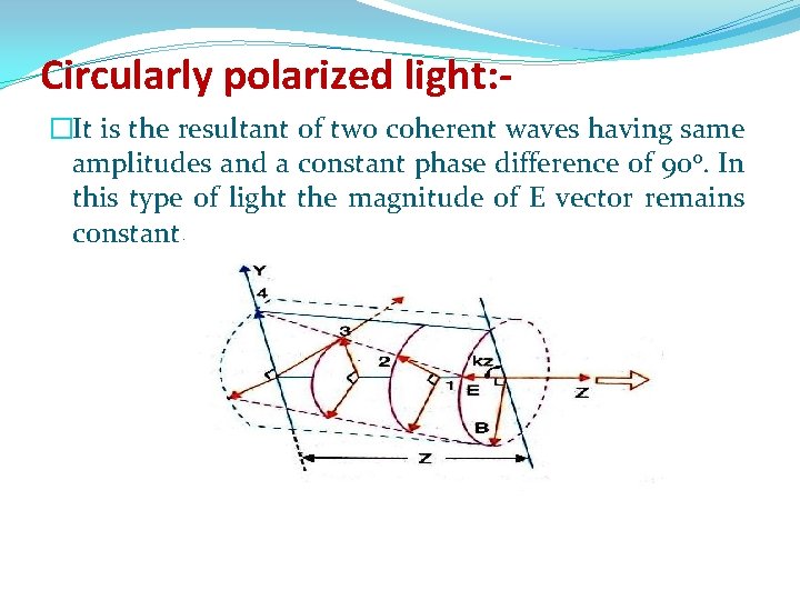 Circularly polarized light: �It is the resultant of two coherent waves having same amplitudes