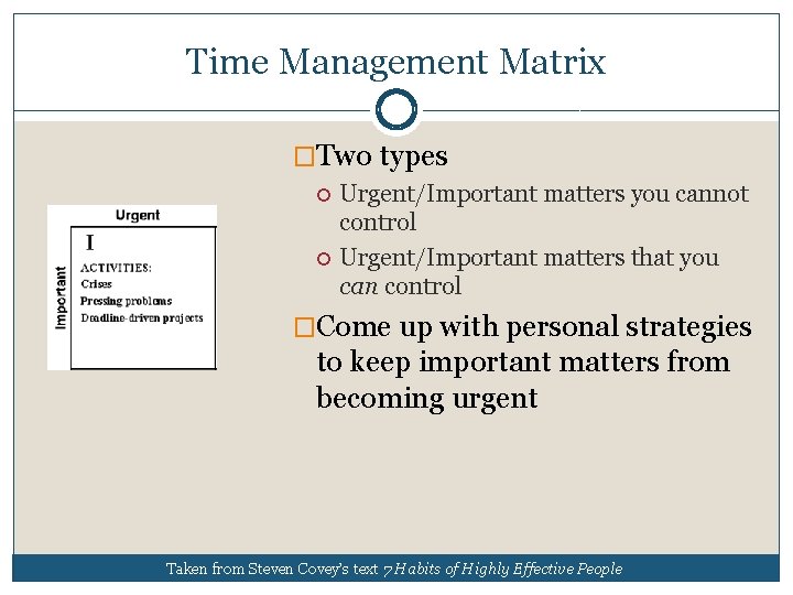 Time Management Matrix �Two types Urgent/Important matters you cannot control Urgent/Important matters that you