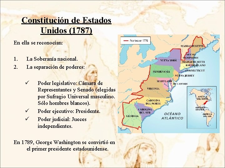 Constitución de Estados Unidos (1787) En ella se reconocían: 1. 2. La Soberanía nacional.