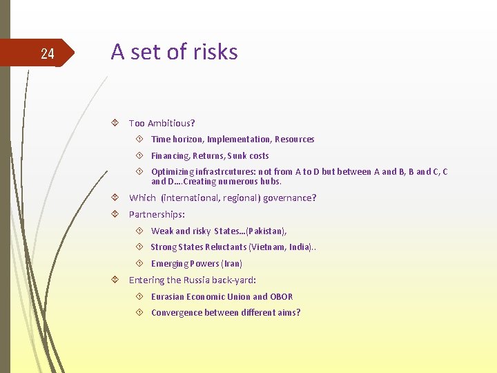 24 A set of risks Too Ambitious? Time horizon, Implementation, Resources Financing, Returns, Sunk