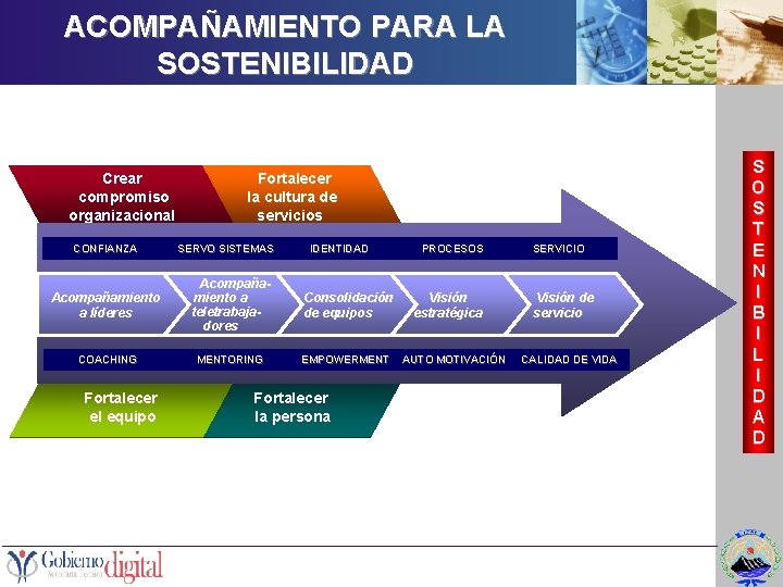 ACOMPAÑAMIENTO PARA LA SOSTENIBILIDAD Crear compromiso organizacional CONFIANZA Fortalecer la cultura de servicios SERVO