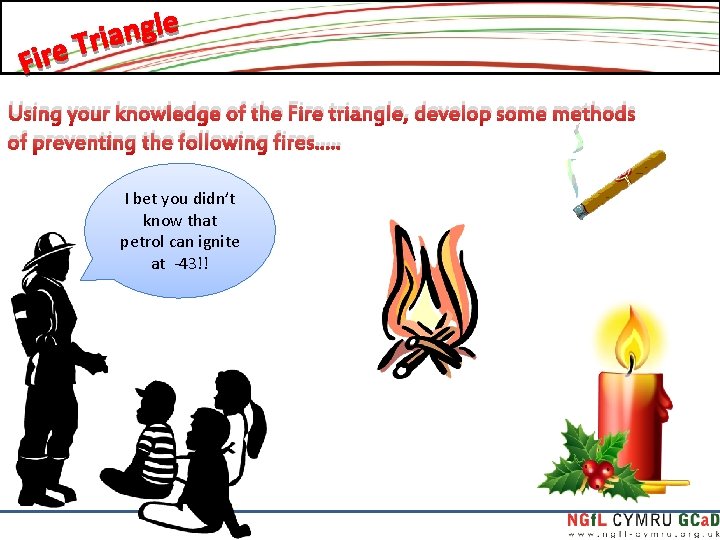 Using your knowledge of the Fire triangle, develop some methods of preventing the following