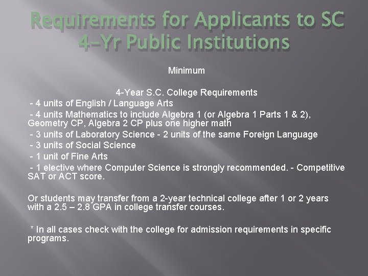 Requirements for Applicants to SC 4 -Yr Public Institutions Minimum 4 -Year S. C.