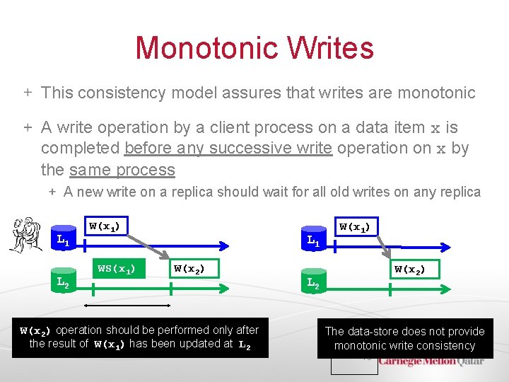 Monotonic Writes This consistency model assures that writes are monotonic A write operation by