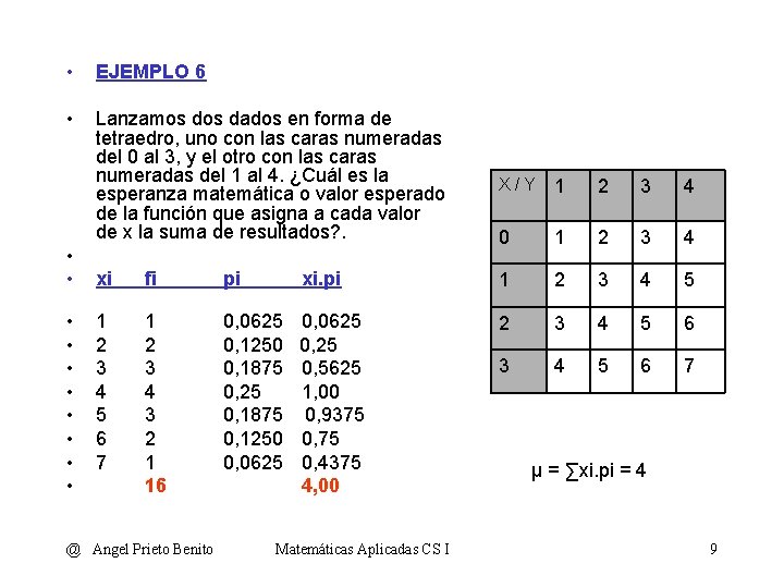  • EJEMPLO 6 • Lanzamos dados en forma de tetraedro, uno con las