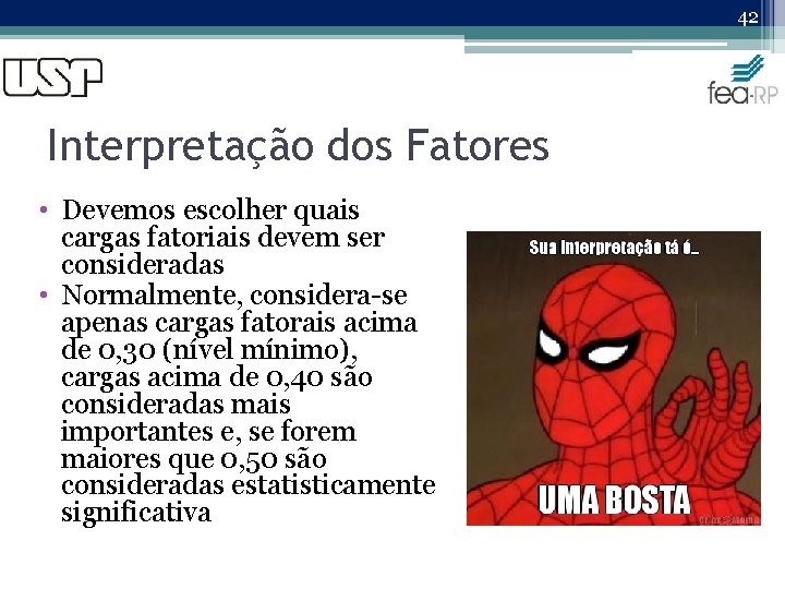 42 Interpretação dos Fatores • Devemos escolher quais cargas fatoriais devem ser consideradas •