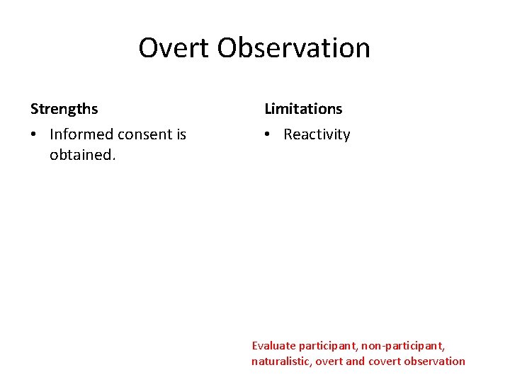 Overt Observation Strengths Limitations • Informed consent is obtained. • Reactivity Evaluate participant, non-participant,