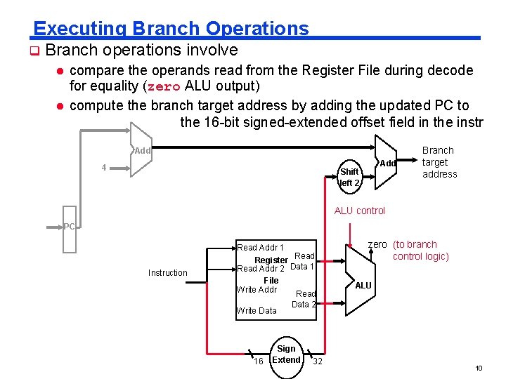 Executing Branch Operations q Branch operations involve l l compare the operands read from