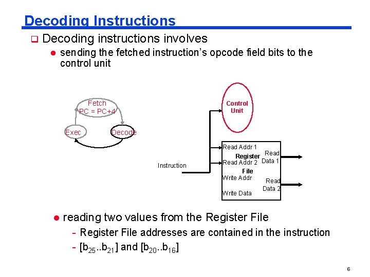 Decoding Instructions q Decoding instructions involves l sending the fetched instruction’s opcode field bits