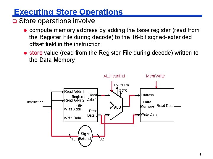 Executing Store Operations q Store operations involve l l compute memory address by adding