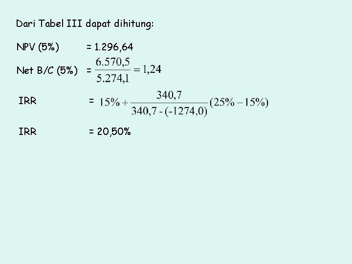 Dari Tabel III dapat dihitung: NPV (5%) = 1. 296, 64 Net B/C (5%)