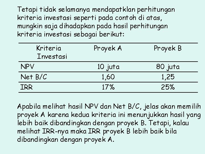 Tetapi tidak selamanya mendapatklan perhitungan kriteria investasi seperti pada contoh di atas, mungkin saja