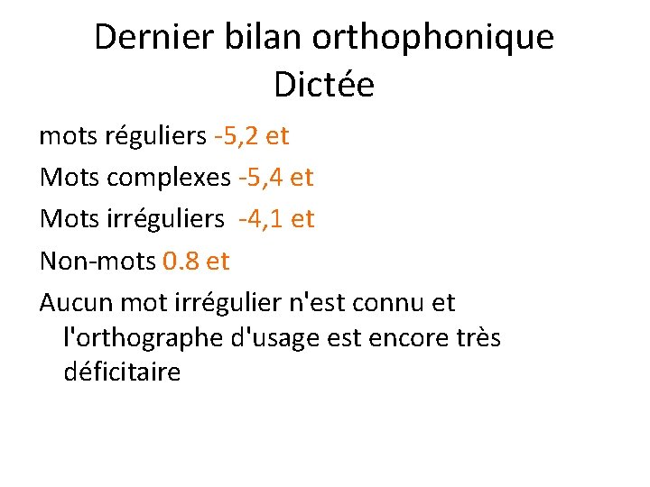 Dernier bilan orthophonique Dictée mots réguliers -5, 2 et Mots complexes -5, 4 et