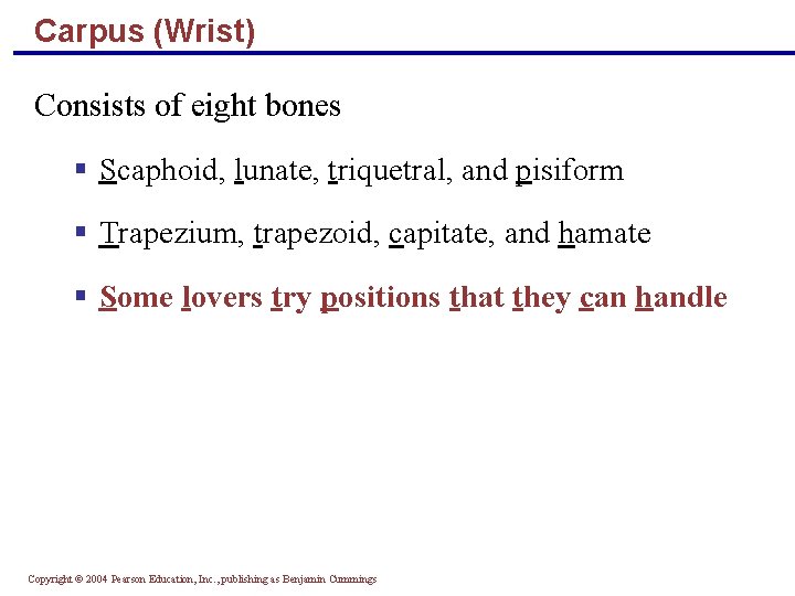 Carpus (Wrist) Consists of eight bones § Scaphoid, lunate, triquetral, and pisiform § Trapezium,