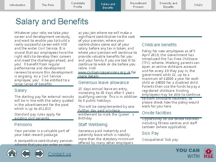 Introduction The Role Candidate Profile Salary and Benefits Recruitment Process Diversity and Equality FAQ’s