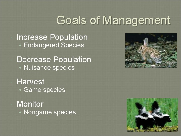 Goals of Management Increase Population • Endangered Species Decrease Population • Nuisance species Harvest