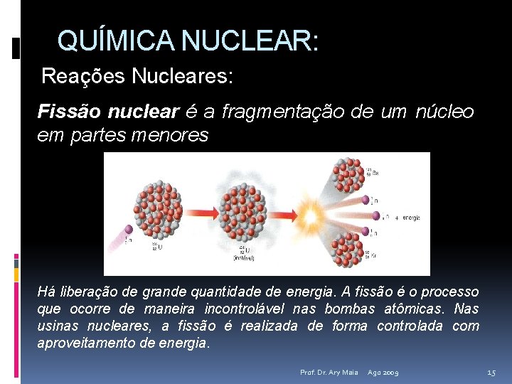 QUÍMICA NUCLEAR: Reações Nucleares: Fissão nuclear é a fragmentação de um núcleo em partes