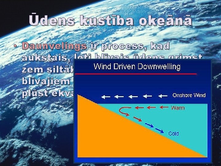 Ūdens kustība okeānā • Daunvelings ir process, kad aukstais, ļoti blīvais ūdens grimst zem