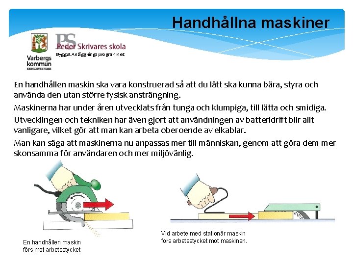 Handhållna maskiner Bygg & Anläggnings programmet En handhållen maskin ska vara konstruerad så att