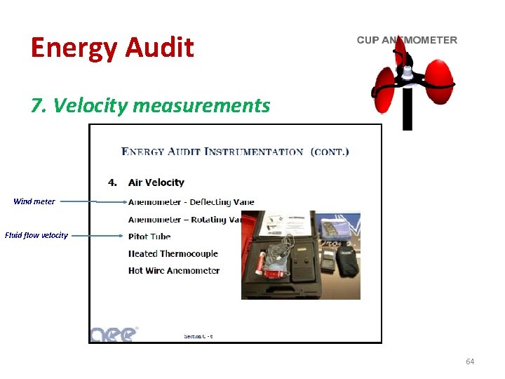 Energy Audit 7. Velocity measurements Wind meter Fluid flow velocity 64 