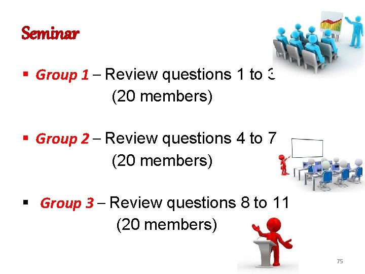 Seminar § Group 1 – Review questions 1 to 3 (20 members) § Group