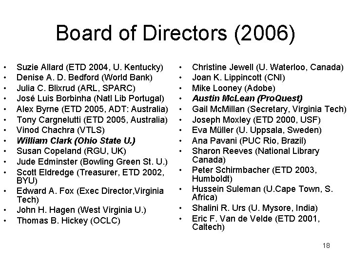 Board of Directors (2006) • • • • Suzie Allard (ETD 2004, U. Kentucky)
