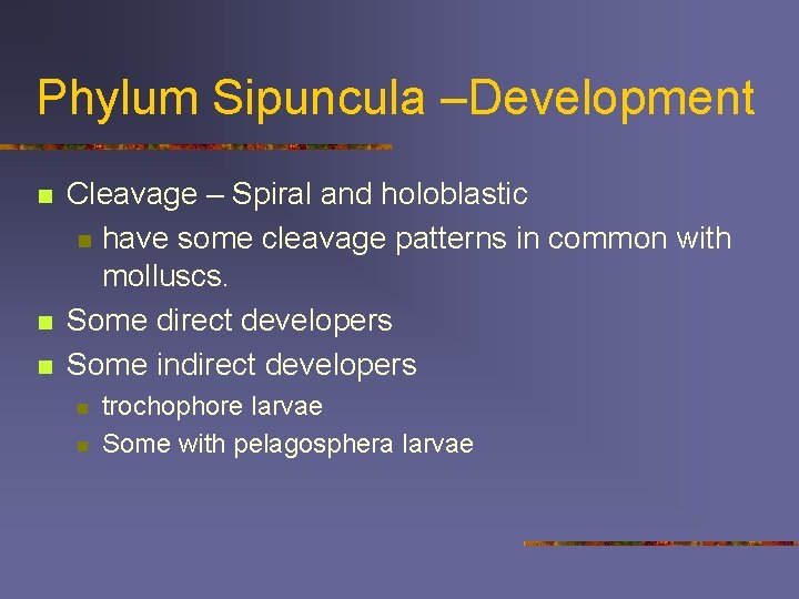 Phylum Sipuncula –Development n n n Cleavage – Spiral and holoblastic n have some