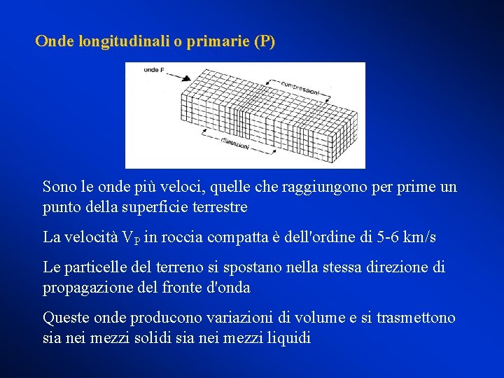 Onde longitudinali o primarie (P) Sono le onde più veloci, quelle che raggiungono per