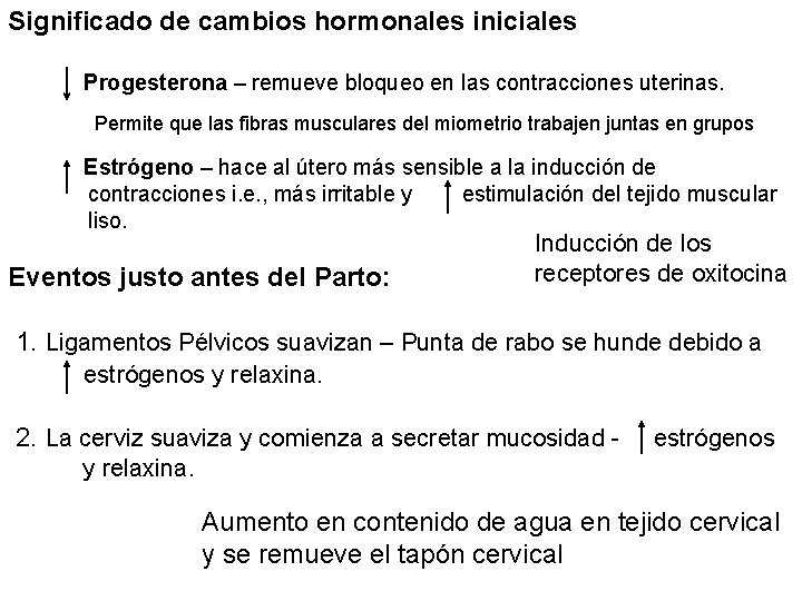 Significado de cambios hormonales iniciales Progesterona – remueve bloqueo en las contracciones uterinas. Permite