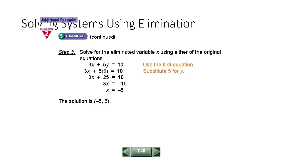 ALGEBRA 1 LESSON 7 -3 Solving Systems Using Elimination (continued) Step 3: Solve for