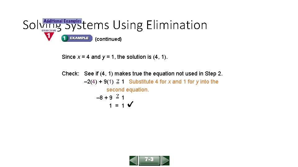 ALGEBRA 1 LESSON 7 -3 Solving Systems Using Elimination (continued) Since x = 4