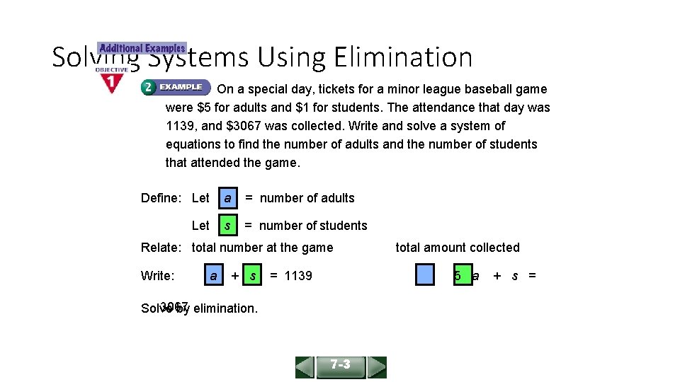 ALGEBRA 1 LESSON 7 -3 Solving Systems Using Elimination On a special day, tickets