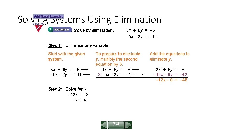 ALGEBRA 1 LESSON 7 -3 Solving Systems Using Elimination Solve by elimination. 3 x