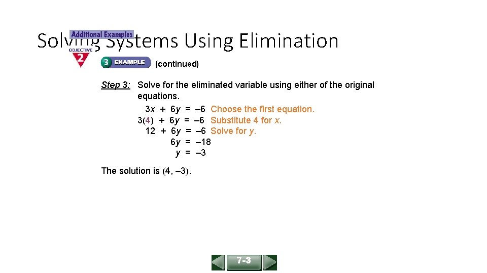 ALGEBRA 1 LESSON 7 -3 Solving Systems Using Elimination (continued) Step 3: Solve for