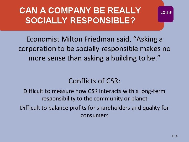 CAN A COMPANY BE REALLY SOCIALLY RESPONSIBLE? LO 4 -5 Economist Milton Friedman said,