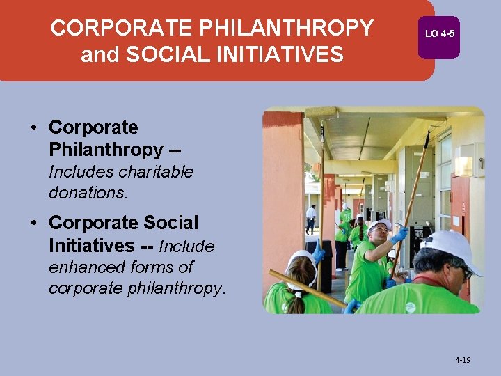 CORPORATE PHILANTHROPY and SOCIAL INITIATIVES LO 4 -5 • Corporate Philanthropy -Includes charitable donations.