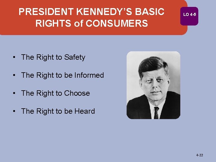 PRESIDENT KENNEDY’S BASIC RIGHTS of CONSUMERS LO 4 -5 • The Right to Safety