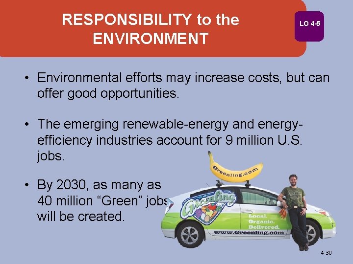 RESPONSIBILITY to the ENVIRONMENT LO 4 -5 • Environmental efforts may increase costs, but