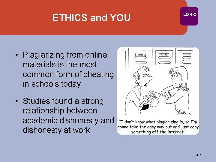 ETHICS and YOU LO 4 -2 • Plagiarizing from online materials is the most