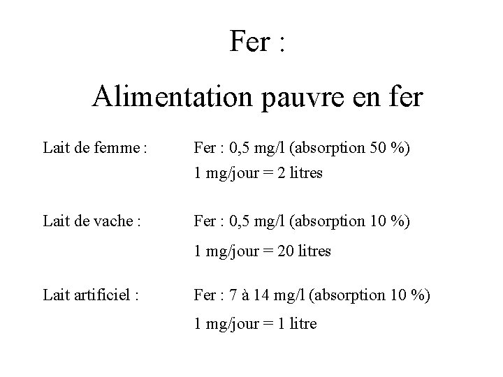 Fer : Alimentation pauvre en fer Lait de femme : Fer : 0, 5