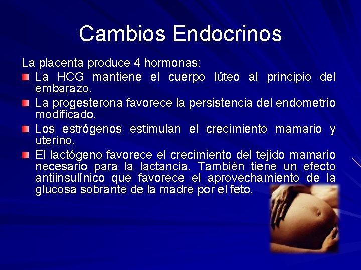 Cambios Endocrinos La placenta produce 4 hormonas: La HCG mantiene el cuerpo lúteo al