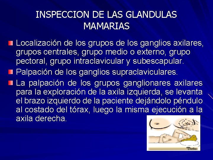 INSPECCION DE LAS GLANDULAS MAMARIAS Localización de los grupos de los ganglios axilares, grupos