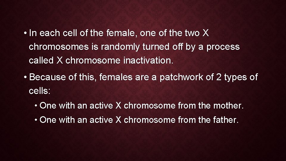  • In each cell of the female, one of the two X chromosomes