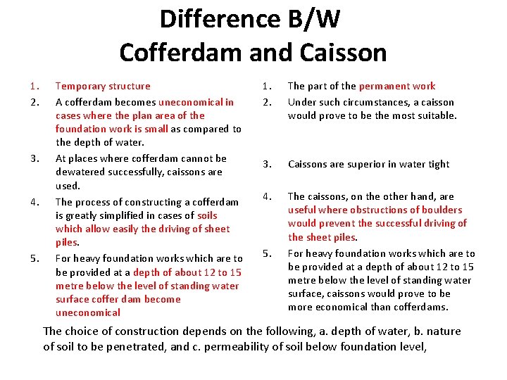 Difference B/W Cofferdam and Caisson 1. 2. 3. 4. 5. Temporary structure A cofferdam