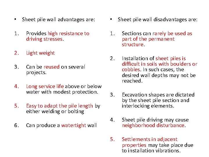  • Sheet pile wall advantages are: • Sheet pile wall disadvantages are: 1.